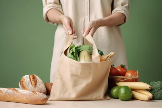 Women's hands unpack a linen shopping bag with groceries. Photorealistic illustration generative AI.