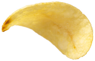 Single potato chip isolated on white background.