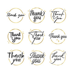 Thank you message. Beautiful greeting calligraphy text. Handwritten modern lettering with golden circle frame.