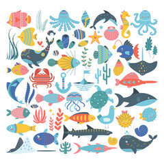 Set of algae, shells, octopus, stingray, dolphin, seahorse, swordfish, turtle, whale, crab.