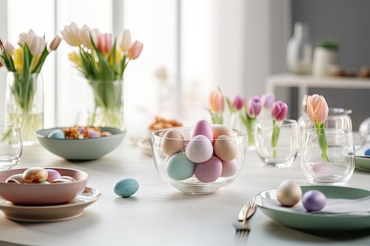 Serving Easter dinner on white wooden table with crystal glassware, colorful delicious eggs in cases on the plates, and fresh tulip flowers. Family vacation history minimal vertical card the space bar