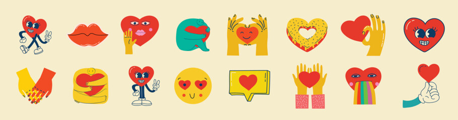 Groovy hippie love sticker set. Retro happy Valentines day. Comic happy heart character in trendy retro 60s 70s cartoon style. Retro characters and elements.