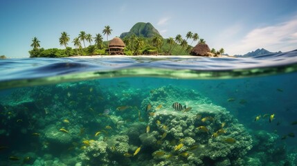 Naklejka na ściany i meble Tropical island in the ocean with coral reefs and fish. Palm trees beach vacation. Underwater landscape.