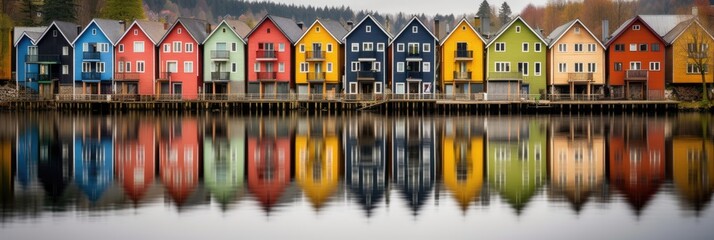Obraz premium Colorful row of homes on a lake. Reflection of houses in the water. Old buildings in Europe. Architectural landscape.