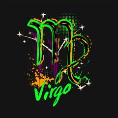Grunge label with icon of zodiac sign Virgo with constellation, text, paint splatter, smudge, brush strokes. Horoscope esoteric element of the element of earth. For decoration in street style
