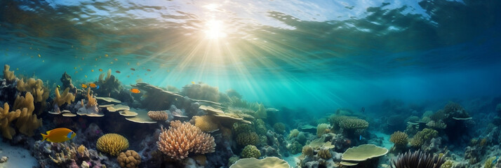 Naklejka na ściany i meble the sun shining through the water over a coral reef with fish swimming below it and a coral reef in the foreground, with sunlight streaming through the water, Generative AI