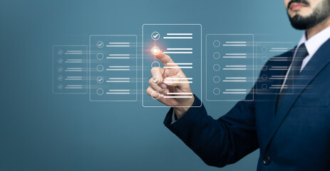 Concept of measuring business performance, with businessmen emphasizing producing the right mark Fill out online questionnaires, checklists, exams, and surveys with a blue background.