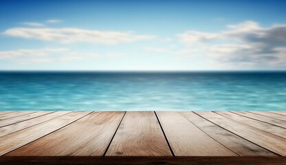  A wooden table against the background of the sea, a table of free space for demonstrating goods