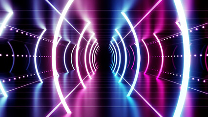 Neon Line Tunnel glowing Fluorescent light corridor stage 3D illustration background