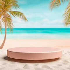 Obraz premium Podium Summer display, pile of sand, flowers, coconut tree, beach Podium Summer display, pile of sand, flowers, coconut tree, beach Generative Ai