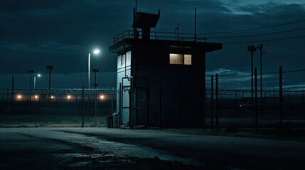 a guard house in a prison at night. Generative AI
