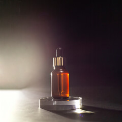 mockup of cosmetic aroma serum with pipette in brown bottle on transparent podium on black background with shadows. minimalist beauty cosmetic concept.