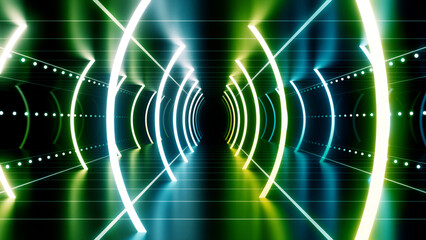 Neon Line Tunnel glowing Fluorescent light corridor stage 3D illustration background