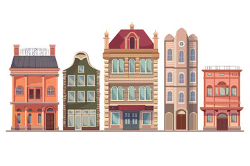 Set of buildings. Charming cartoon illustration of unique set design featuring captivating historical buildings. Vector illustration.