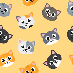 Cat, kitten heads, seamless pattern, flat style illustrations background