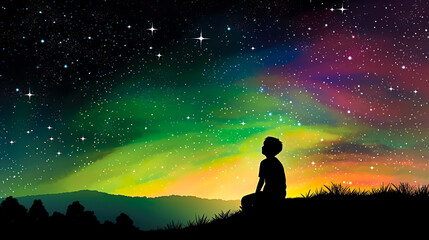 Fototapeta 虹色の星空を眺める少年のシルエット　Generative AI obraz