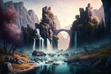 Beautiful fantasy river landscape with waterfalls and flowering trees
