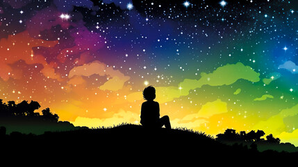 虹色の星空を眺める少年のシルエット　Generative AI
