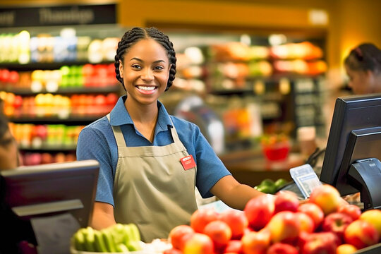 Smiling, young and attractive saleswoman, cashier serving customers. AI generativ.