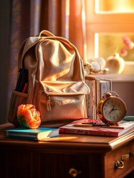 School bag and books on wooden table with school elements in front of window - ai generative