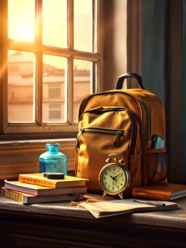 School bag and books on wooden table with school elements in front of window - ai generative