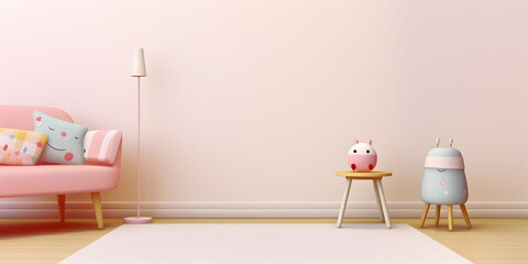 Interior childish home design. Minimalistic living room decoration. AI generated.