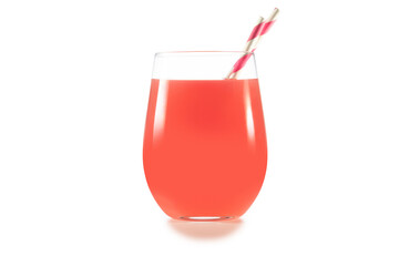 Glass full of pink grapefruit juice with two paper drinking straws isolated on white background.