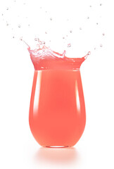 Pink juice splashing out of overflowing drinking glass isolated on white background. Refreshing healthy mocktail.