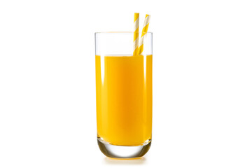 Glass of freshly squeezed orange juice with drinking straws isolated on white background. Healthy drinking.