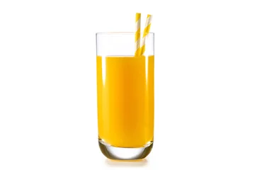 Ingelijste posters Glass of freshly squeezed orange juice with drinking straws isolated on white background. Healthy drinking. © popout