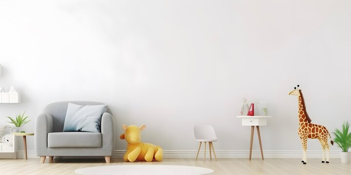 Interior childish home design. Minimalistic living room decoration. AI generated.