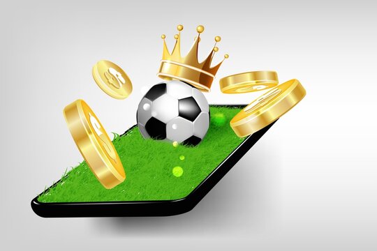 Mobil phone with soccer ball, gold crown and falling coins on a white background.