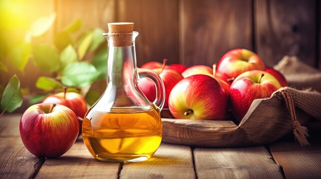 Apple cider vinegar in glass jar with fresh apple fruit, Generative Ai