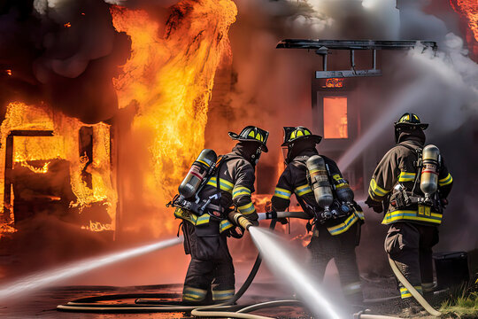 Firefighters extinguishing the fire at the scene. AI technology generated image