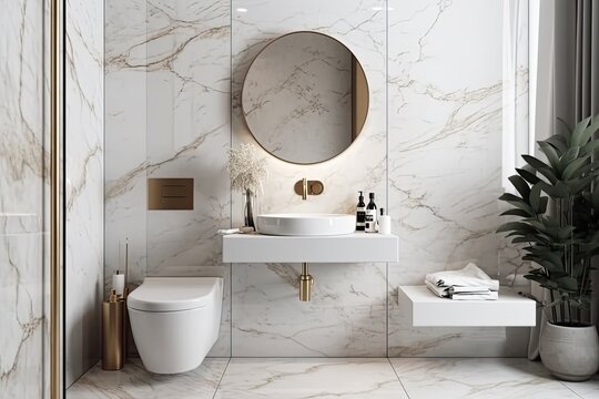 toilet and washbasin inside made of marble. the walls are tiled with ceramic. advertising template Layout Mockup. Generative AI