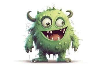 Funny green cartoon monster on white background. Scary creature. Cute Halloween character. Generative AI.