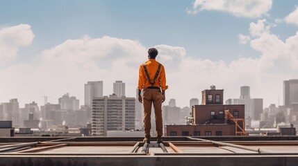 Fototapeta na wymiar captivating moment of a man standing confidently on a rooftop, donning a vibrant orange vest