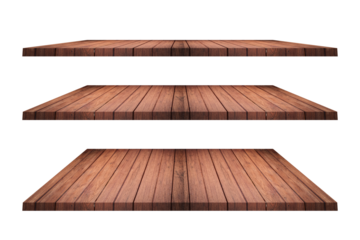 Set of brown wood shelves isolated on transparent background.