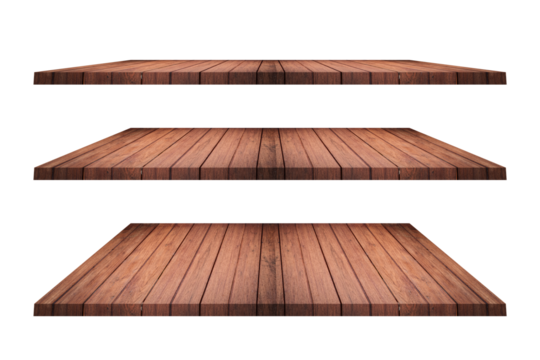 Set of brown wood shelves isolated on transparent background.