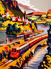 vintage art deco style 1960s railway travel poster with a diesel locomotive train running though a coastal landscape