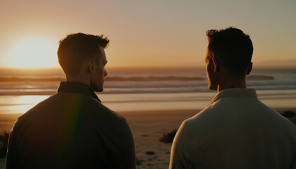 Gay couple on the beach at sunset. Image generative AI.