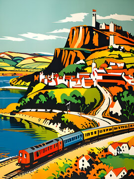 vintage art deco style 1950s railway travel poster with a diesel locomotive train running though a coastal landscape