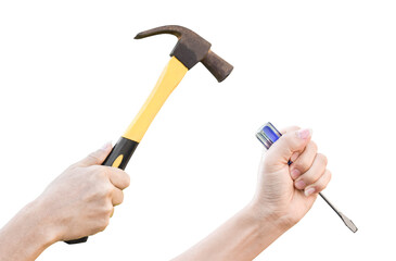 Male hands working with old rusty hammer and flat screwdriver isolated on transparent background