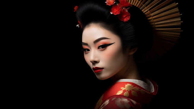 portrait of a Japanese Geisha in traditional clothes. Image generative AI.