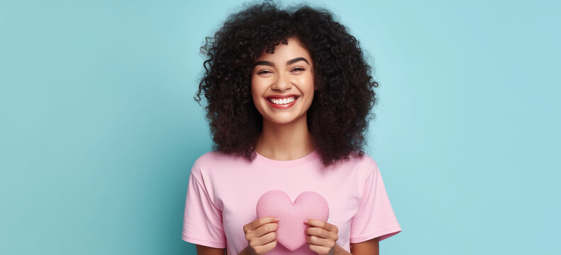 portrait of a young cute woman smiling holding a heart. emotion & sensation concept. Image generative AI.