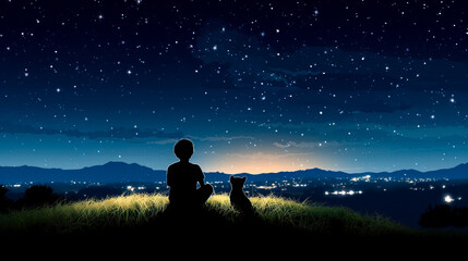 星空を眺める少年と子犬のシルエット　Generative AI