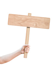 hand holding wooden sign isolated on transparent background.