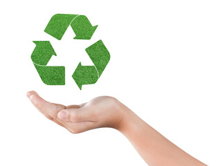 Save of environment concept. Child hands with recycle icon isolated on transparent background