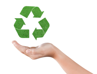 Save of environment concept. Child hands with recycle icon isolated on transparent background