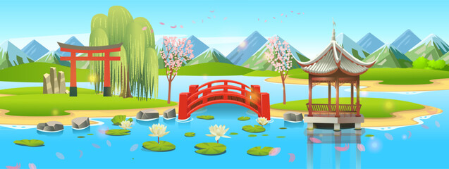  Japanese garden with a river, a lake, a red bridge, arch and pergola, cherry blossoms and a stone lantern. Beautiful landscape, scene in cartoon style.